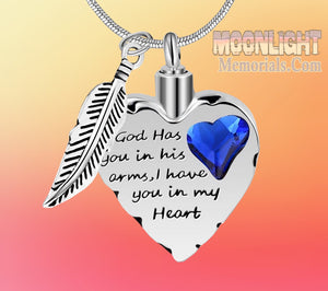 God has you in his arms Heart Crystal Urn Cremation Necklace