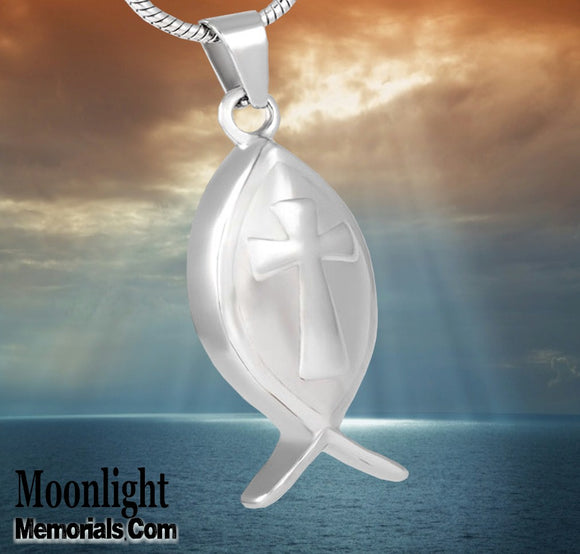 Jesua Fish Embossed Cross Urn Cremation Pendant Ash Holder Memorial Necklace