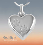 Heart Embossed Paw Print Pet Heart Urn Cremation Ashes Necklace