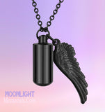 Cylinder & Angel Wing Black Cremation Urn Necklace