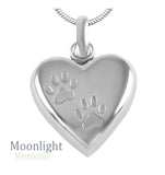 Heart Embossed Paw Print Pet Heart Urn Cremation Ashes Necklace