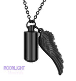 Cylinder & Angel Wing Black Cremation Urn Necklace