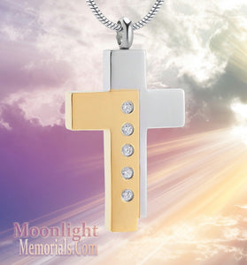 Cross Crystal 2 Tone Urn Cremation Pendant Ash Holder Memorial Necklace