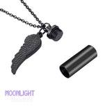 Cylinder & Angel Wing Black Cremation Urn Necklace