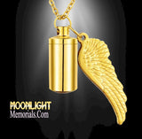 Cylinder & Angel Wing Gold Cremation Urn Necklace