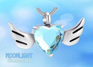 Heart Angel Wings Crystal Urn Cremation Necklace