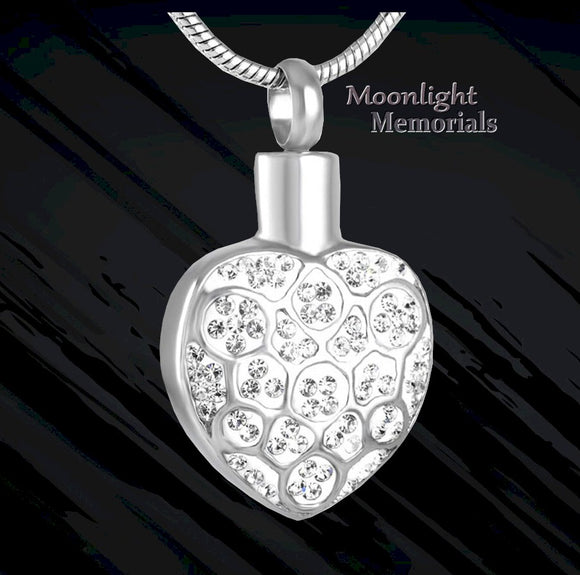 Elegant Crystal Silver Heart Urn Cremation Pendant Necklace