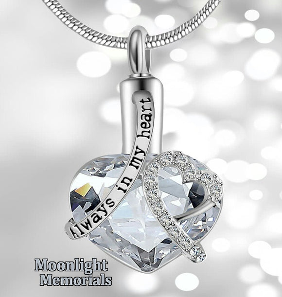 Always in my Heart Crystal Clear Urn Cremation Pendant Ash Holder Memorial Necklace