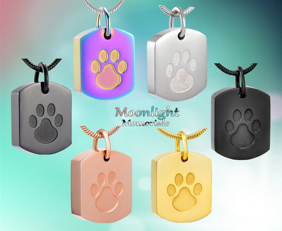 Dog Tag With Paw Print  Urn Cremation Pendant Ash Holder Memorial Necklace