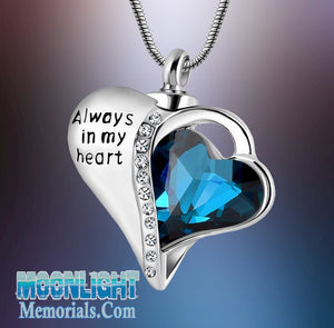 Always in my Heart Crystal Blue Urn Cremation Pendant Ashes Holder Memorial Necklace